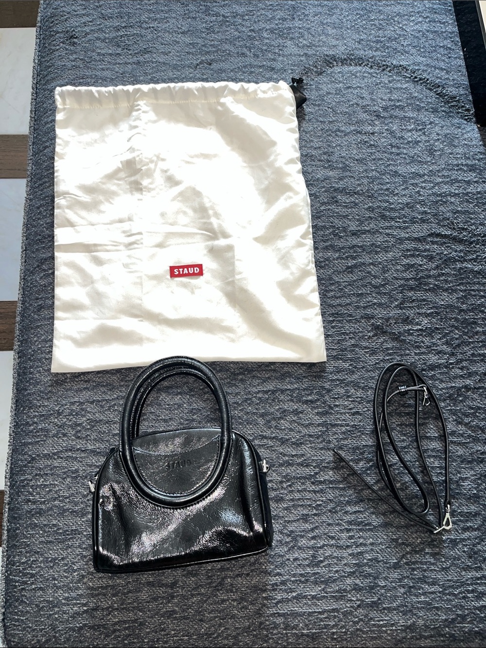 STAUD Black Patent Mini Top-Handle Bag with Strap